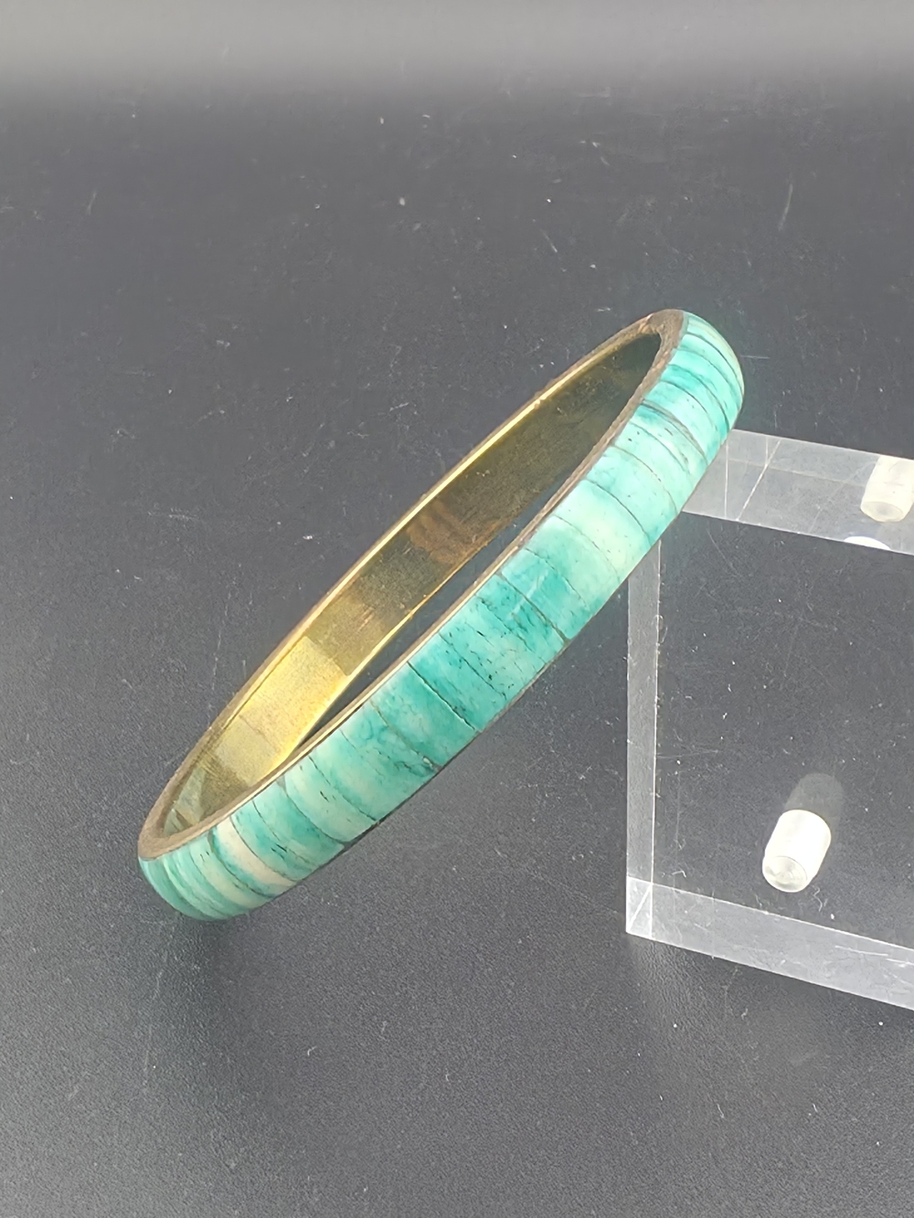 Estate Turquoise Dyed Shell Mosaic Inlay Brass Bangle Bracelet